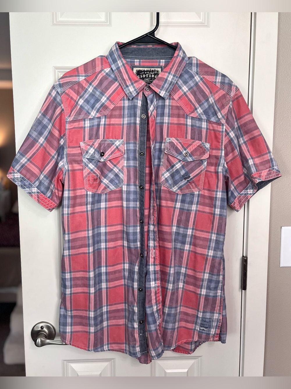 BKE Vintage 1967 Distressed Standard Fit Short Sleeve Plaid Button Up